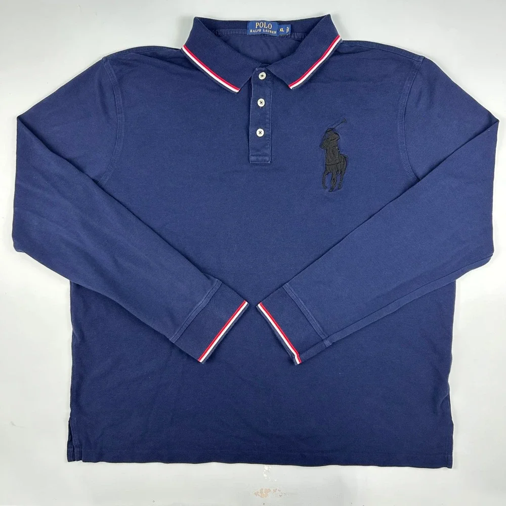Polo Ralph Lauren Mens XL Navy Long Sleeve Big Pony Polo Shirt Red White Trim